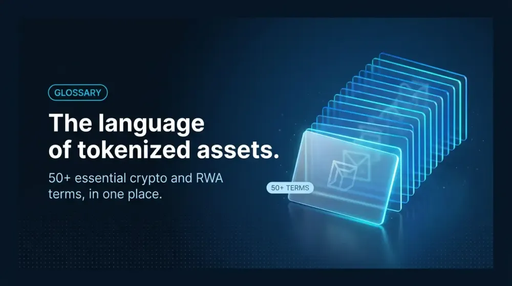 Fanned deck of translucent blue glass index cards with a 50+ terms tag, illustrating a crypto and RWA glossary.