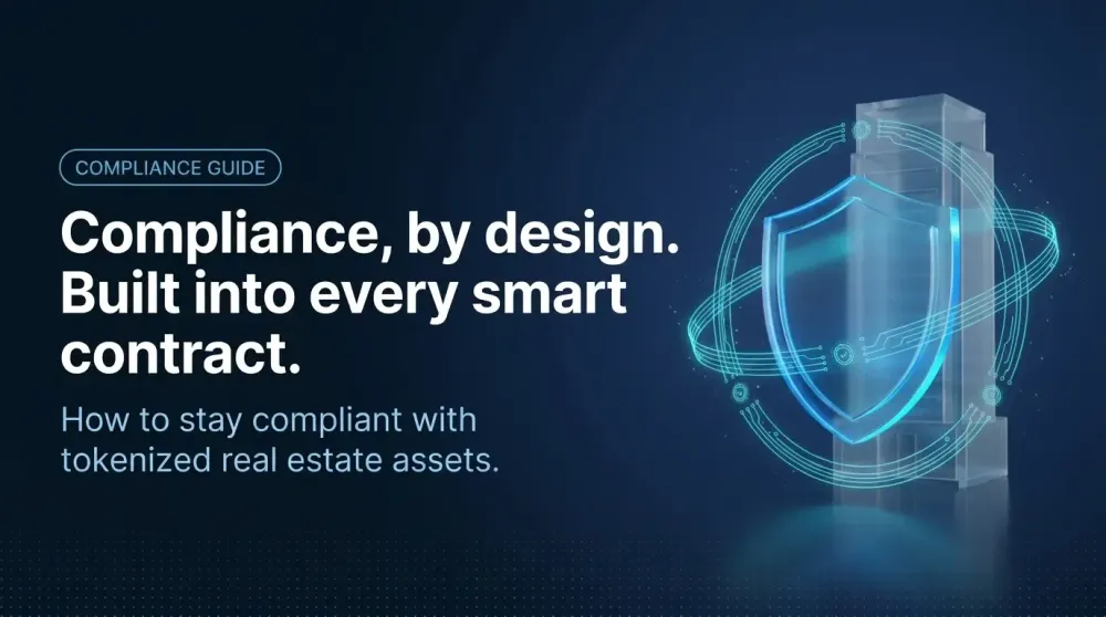 Holographic blue shield wrapped in cyan circuit rings in front of a glass tower, illustrating compliance built into tokenized real estate smart contracts.