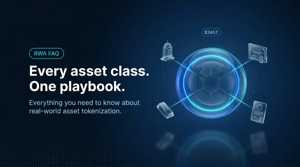Holographic blue sphere with a hex lattice core, orbited by glass icons of a tower, bond certificate, commodity bar, and property deed, illustrating real-world asset tokenization.