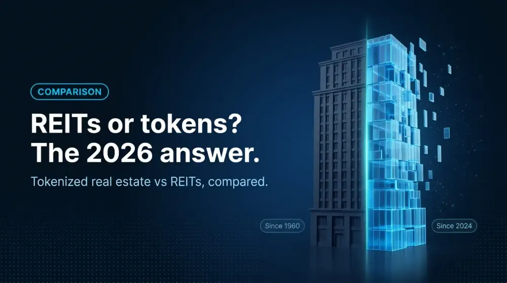 Single hero tower bisected down the middle — opaque traditional REIT building on the left, holographic glass tokenized tower with fractional tiles on the right, comparing REITs vs tokenized real estate.