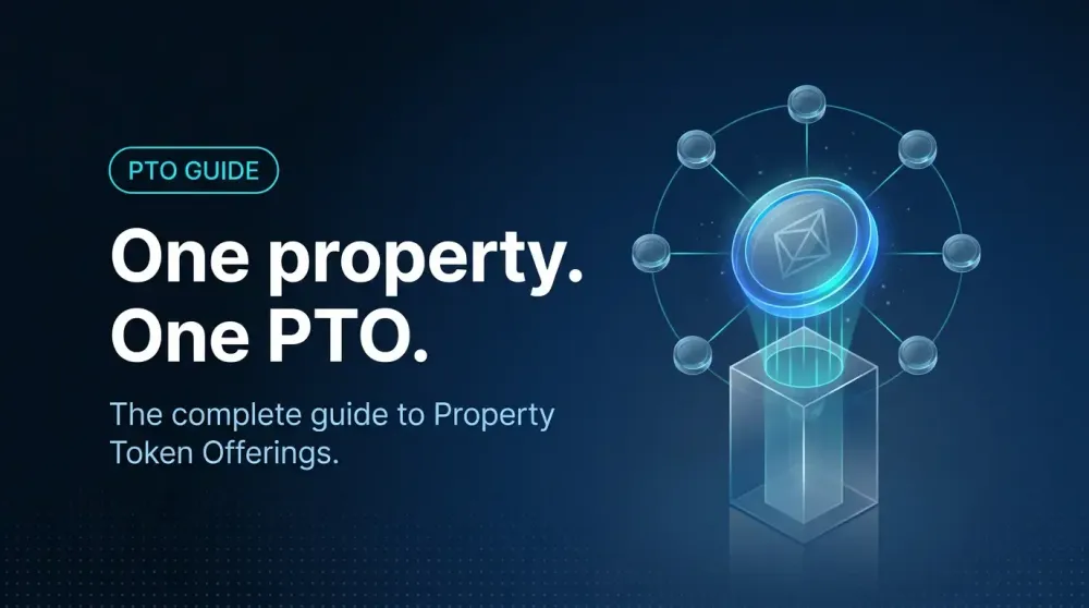 Holographic glass token medallion floating above a translucent property tower, encircled by eight orbiting nodes representing the Property Token Offering lifecycle.