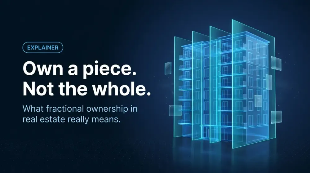 Translucent blue apartment building sliced by glowing vertical share planes with floating ownership cards, illustrating fractional ownership in real estate