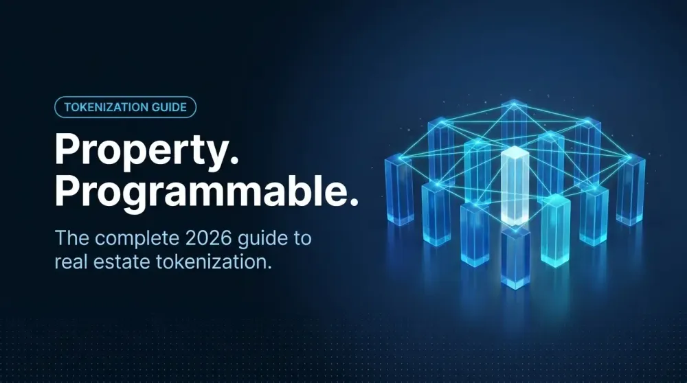 Holographic blue skyline of glass towers connected by a cyan network grid, illustrating real estate tokenization in 2026.