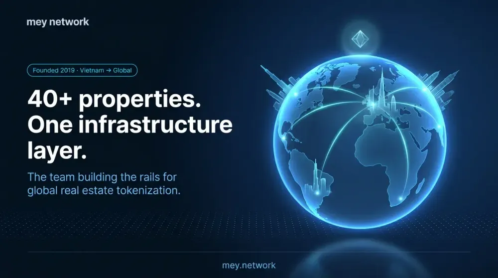 More keyword-forward: "Mey Network real estate tokenization infrastructure connecting 40+ properties across global jurisdictions since 2019."